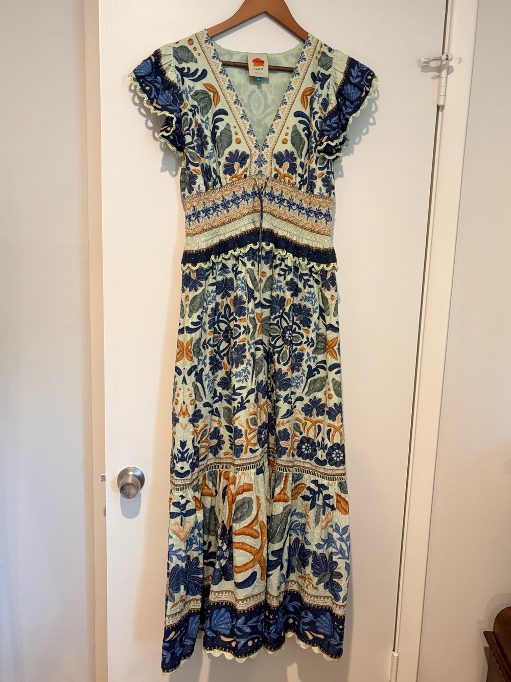 Farm Rio Tapestry Maxi Dress with Puff Sleeves - Blue & Green Ocean - Picture 2 of 7